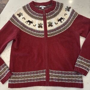 VTG Cardigan Full Zip Fair Isle Style Embroidered Moose Pinecones Holly Winter M